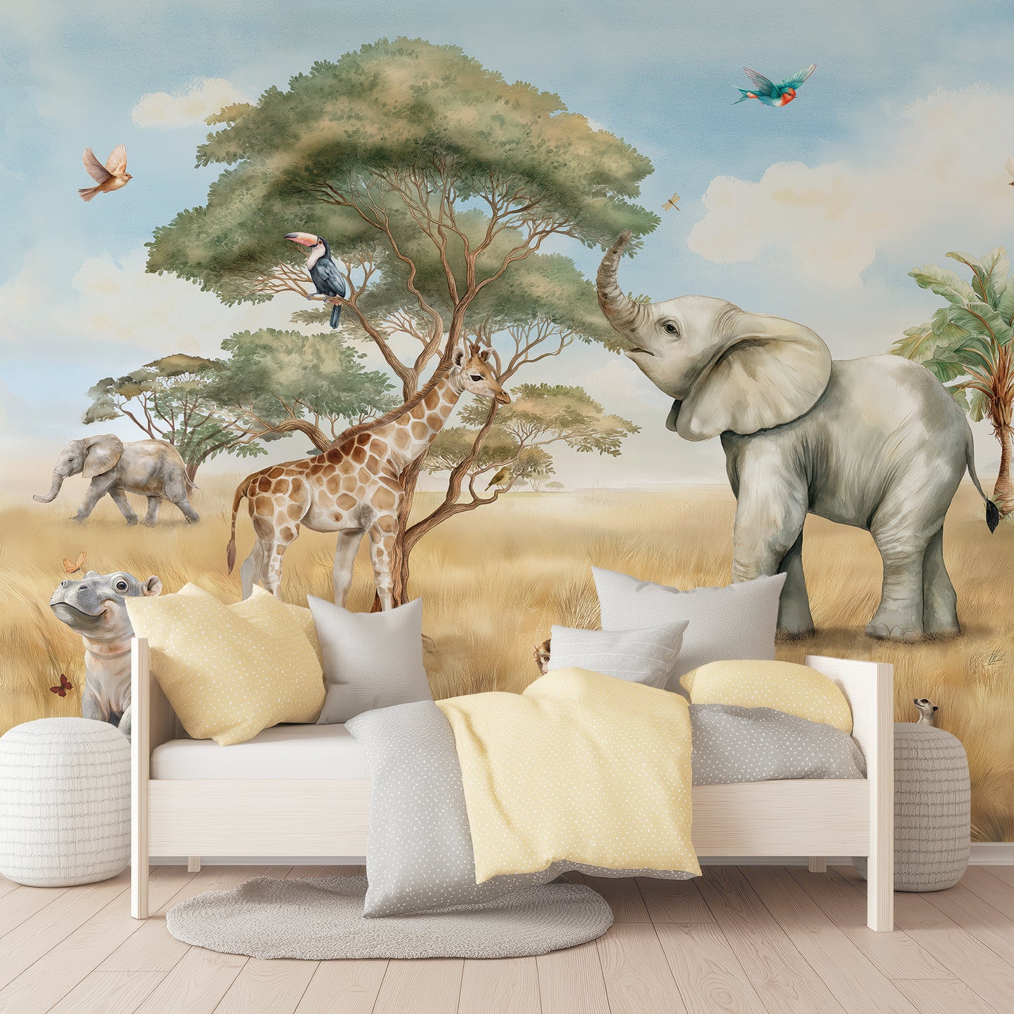 African Safari Animal Wallpaper, Baby Elephant Giraffe Nursery Mural Watercolor