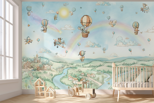 Hot Air Balloon Nursery Wallpaper | Animal Sky Mural