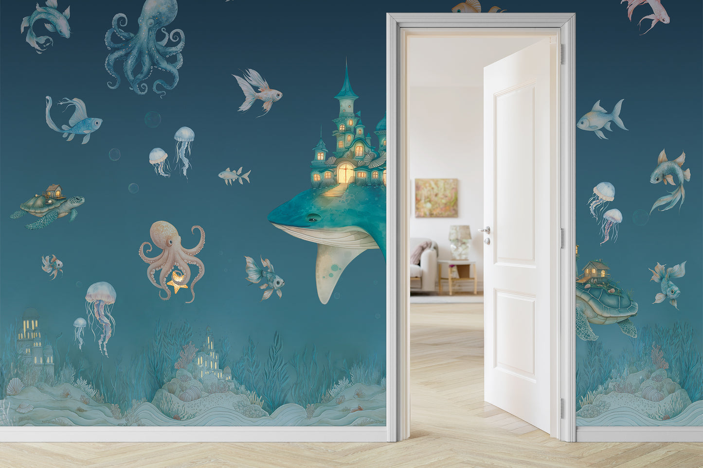 Magical Ocean Fantasy Whale Kids Wallpaper Night Version