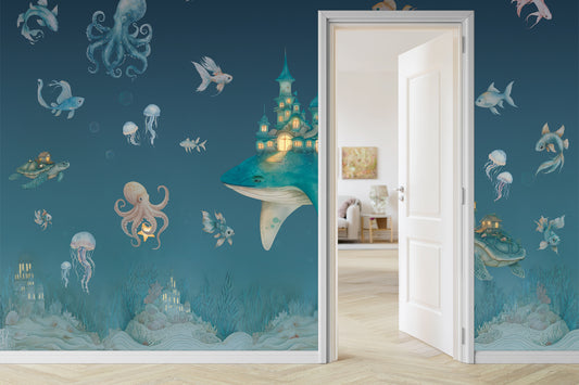 Magical Ocean Fantasy Whale Kids Wallpaper Night Version