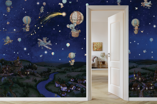 Hot Air Balloon Nursery Wallpaper | Animal Sky Mural Dark Version