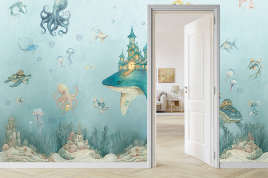 Magical Ocean Fantasy Whale Kids Wallpaper