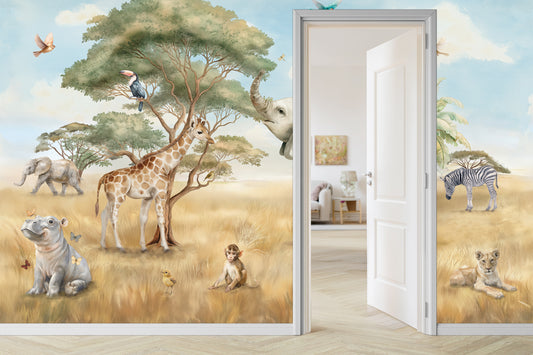 African Safari Animal Wallpaper, Baby Elephant Giraffe Nursery Mural Watercolor