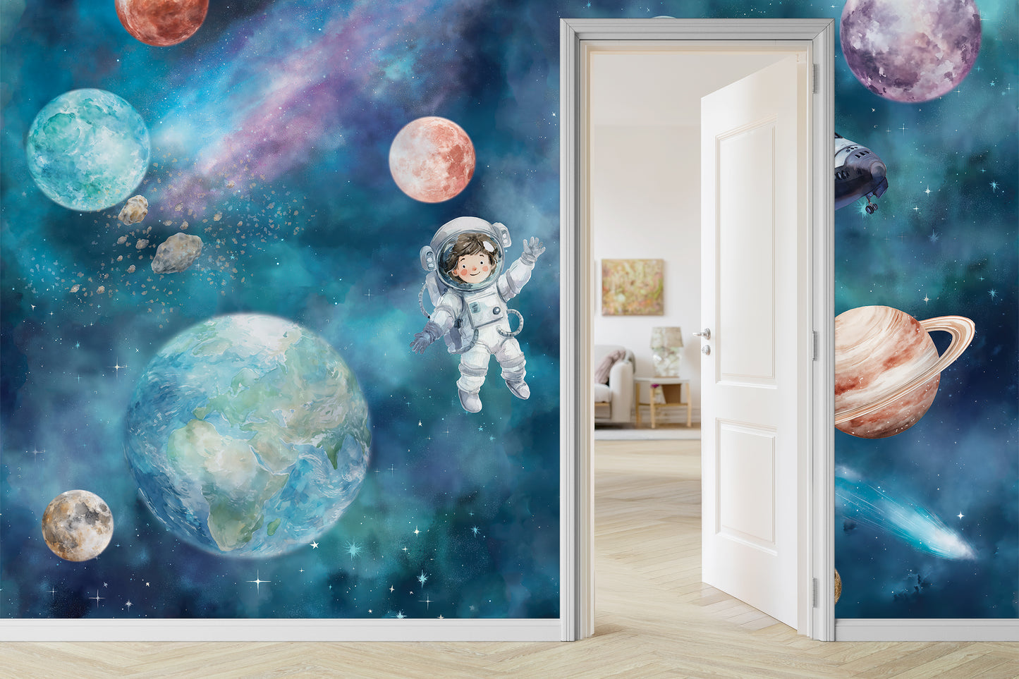 Astronaut & Space Shuttle Universe Kids Wallpaper