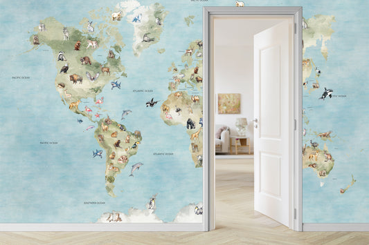 World Map Wallpaper | Animals Geography Nursery