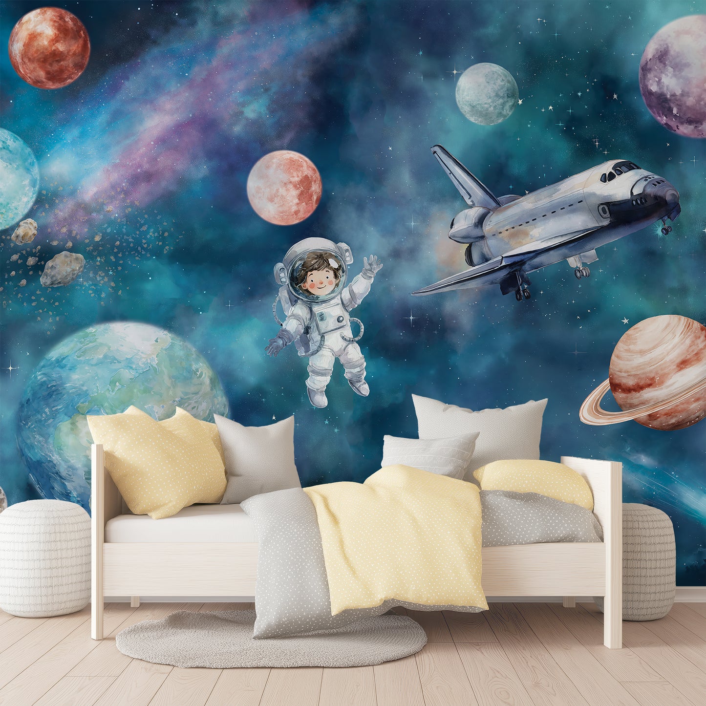 Astronaut & Space Shuttle Universe Kids Wallpaper