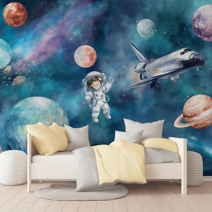Astronaut & Space Shuttle Universe Kids Wallpaper