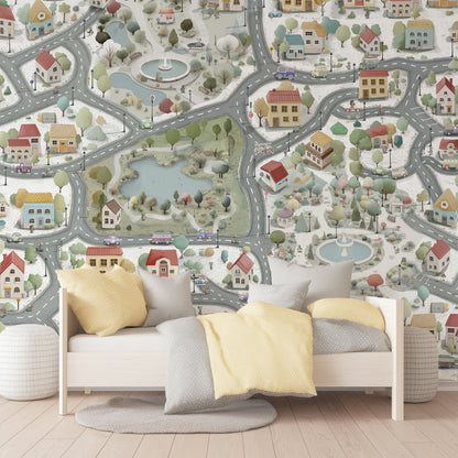 City Map Kids Wallpaper | Interactive Town Road Mural