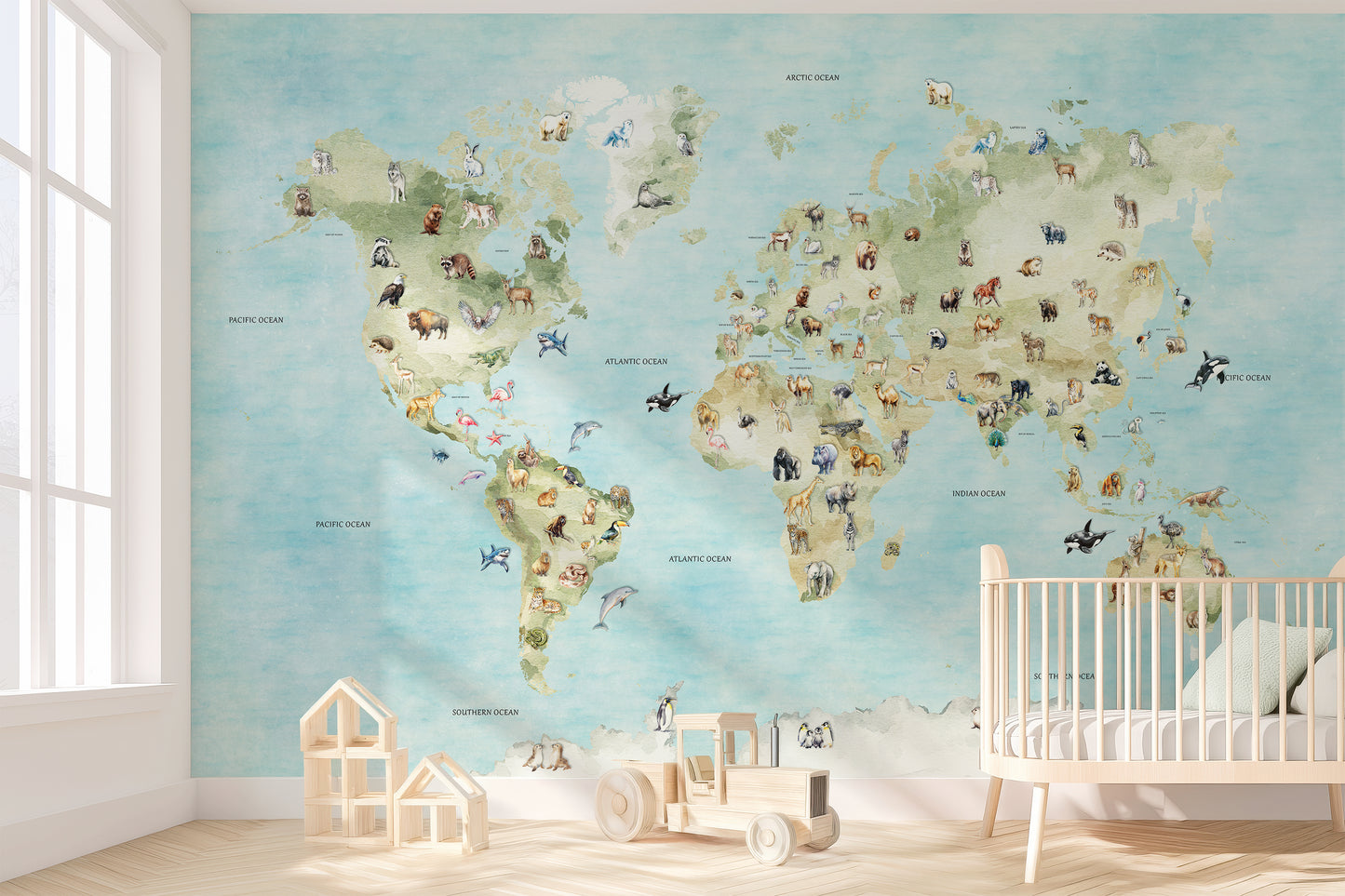 World Map Wallpaper | Animals Geography Nursery