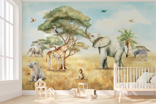 African Safari Animal Wallpaper, Baby Elephant Giraffe Nursery Mural Watercolor