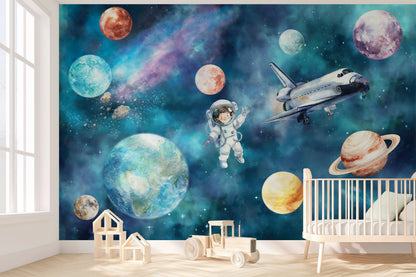 Astronaut & Space Shuttle Universe Kids Wallpaper