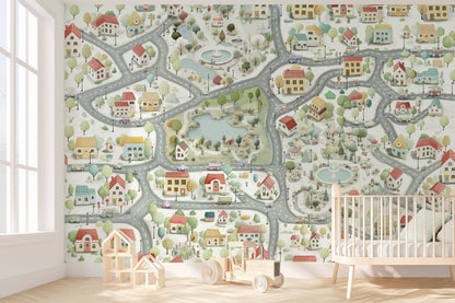 City Map Kids Wallpaper | Interactive Town Road Mural