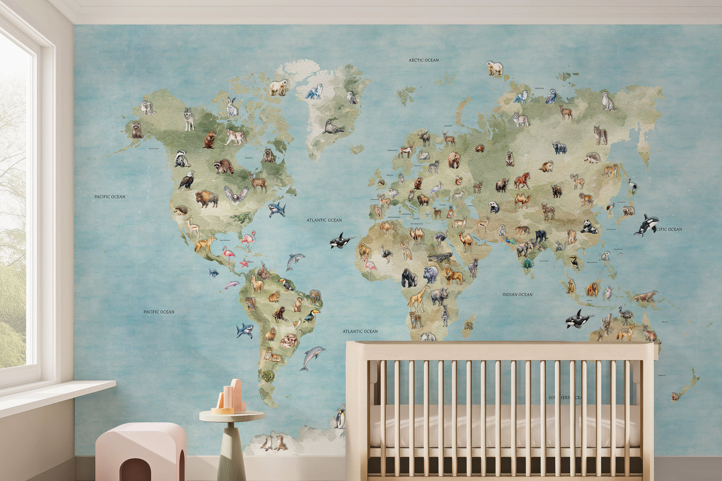 World Map Wallpaper | Animals Geography Nursery