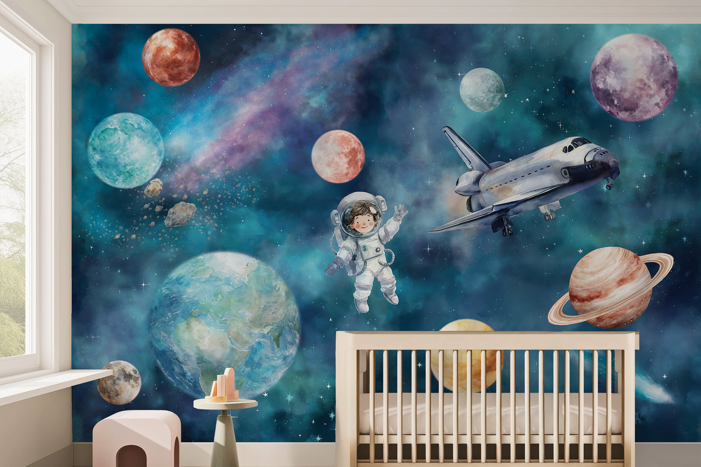 Astronaut & Space Shuttle Universe Kids Wallpaper