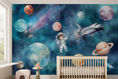 Astronaut & Space Shuttle Universe Kids Wallpaper