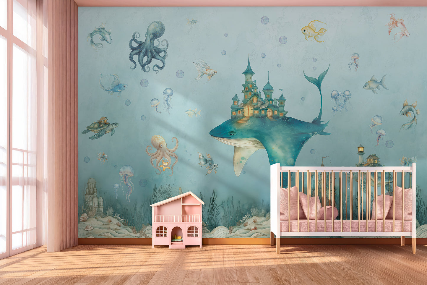 Magical Ocean Fantasy Whale Kids Wallpaper