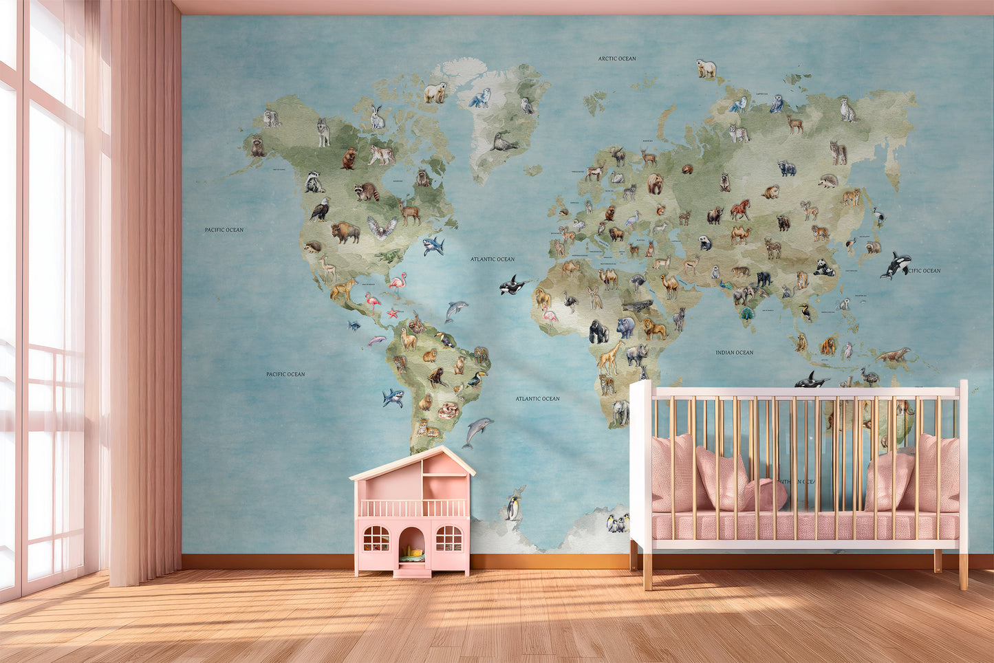 World Map Wallpaper | Animals Geography Nursery