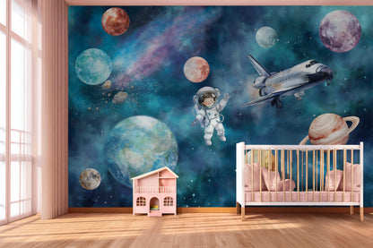 Astronaut & Space Shuttle Universe Kids Wallpaper