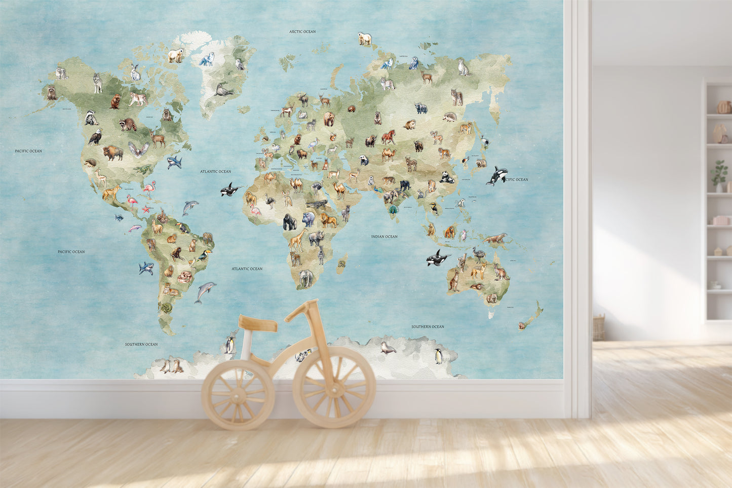 World Map Wallpaper | Animals Geography Nursery