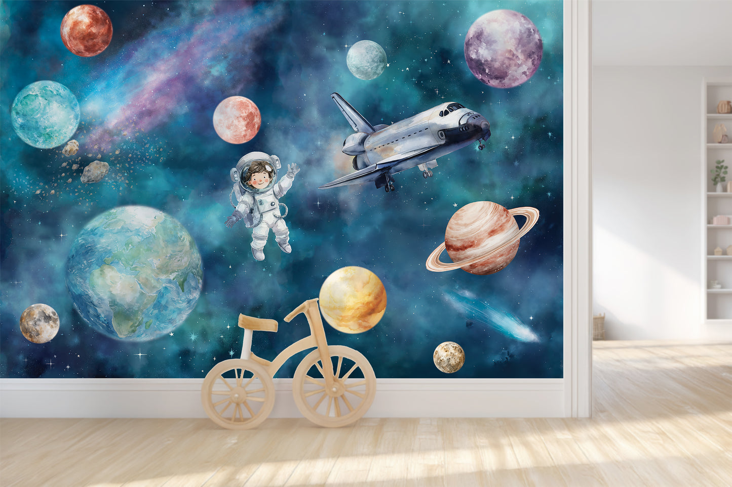 Astronaut & Space Shuttle Universe Kids Wallpaper