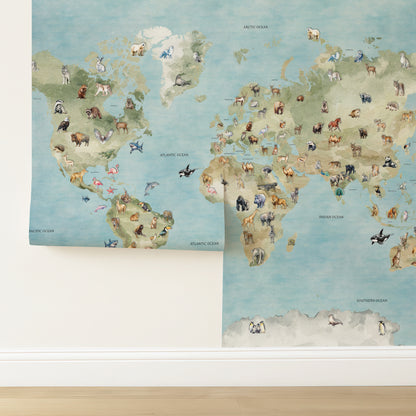 World Map Wallpaper | Animals Geography Nursery