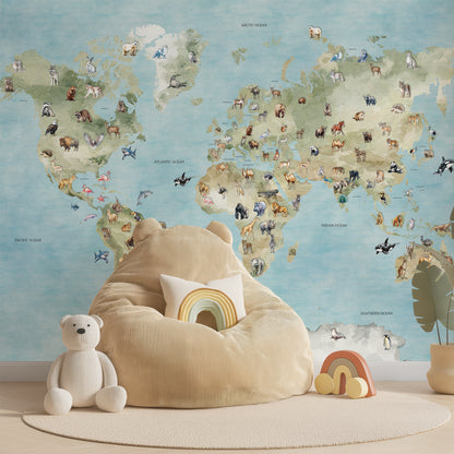 World Map Wallpaper | Animals Geography Nursery