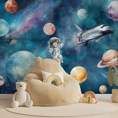 Astronaut & Space Shuttle Universe Kids Wallpaper