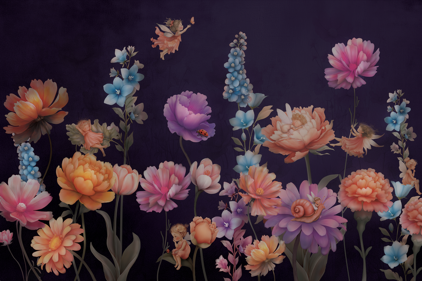 Fairy Wallpaper, Enchanted Village Nursery Mural Dark Version